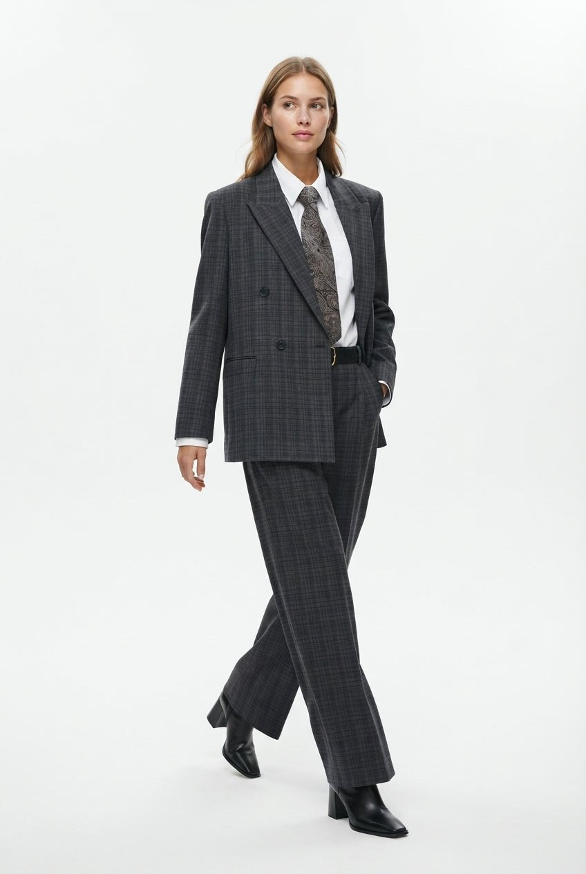 Özel Koleksiyon Antrasit Ekoseli/Kareli Oversize Dokuma Blazer Ceket Blazer Ceket - LUMINOIRE