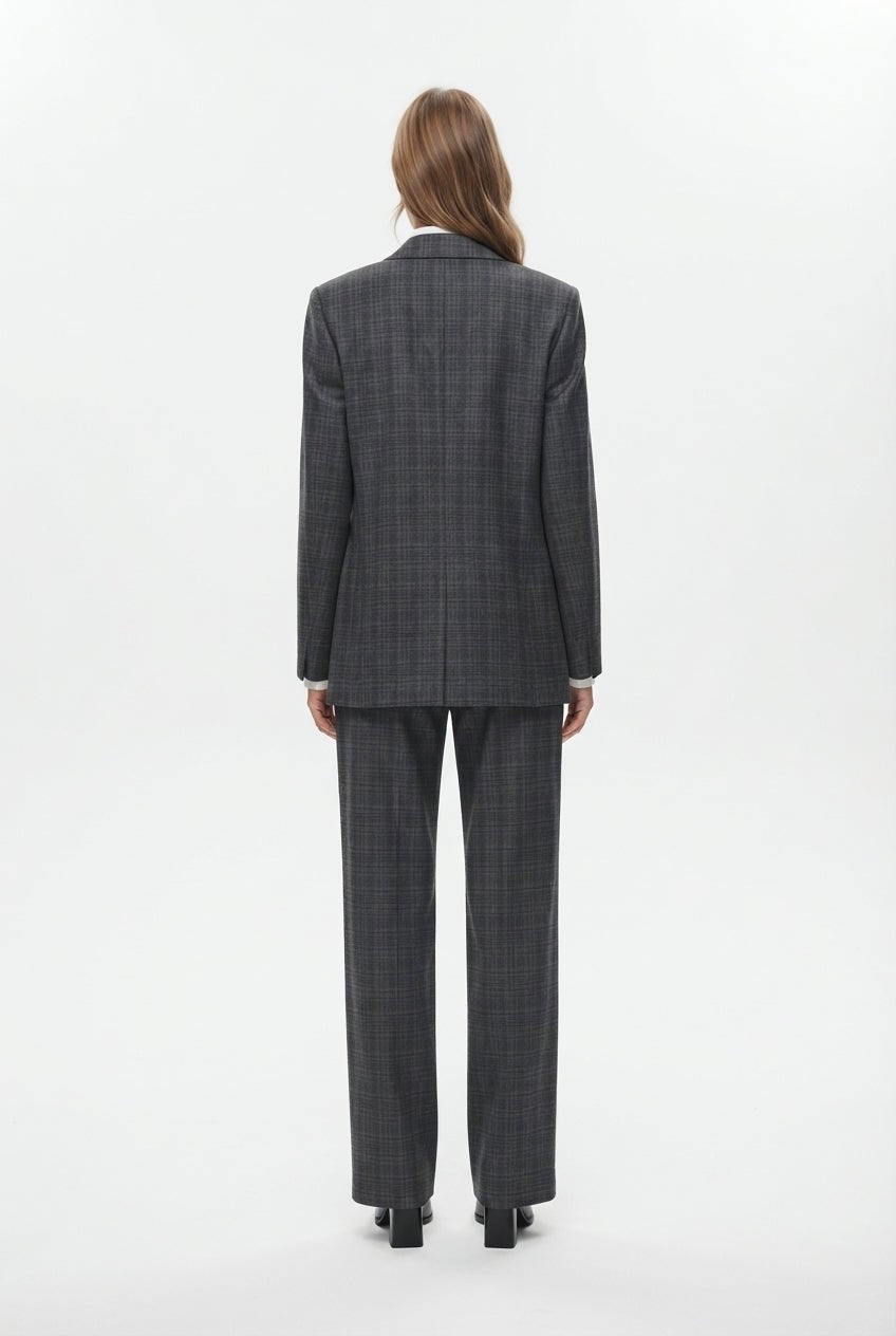 Özel Koleksiyon Antrasit Ekoseli/Kareli Oversize Dokuma Blazer Ceket Blazer Ceket - LUMINOIRE