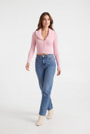 Pembe Çıkarılabilir Kürk Detaylı Fitted Crop Triko Hırka - LUMINOIRE