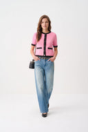 Pembe Kısa Kollu Crop Cep Detaylı Triko Bluz - LUMINOIRE