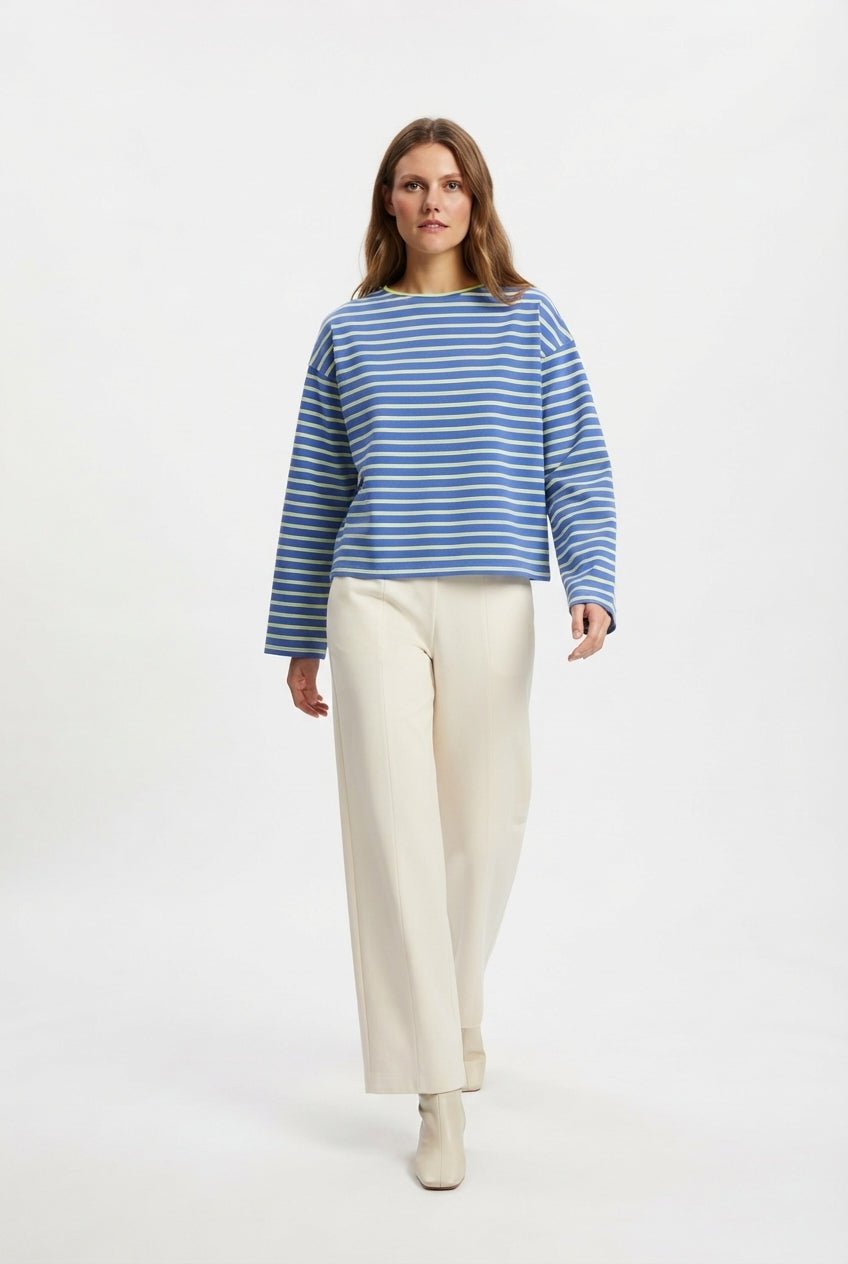 Saks Çizgili Premium Oversize/Geniş Kesim Bisiklet Yaka İnterlok Örme T-Shirt - LUMINOIRE