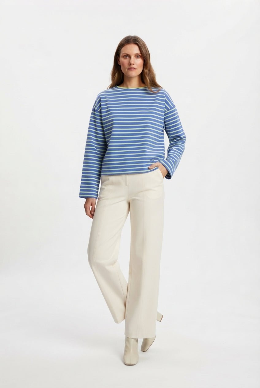 Saks Çizgili Premium Oversize/Geniş Kesim Bisiklet Yaka İnterlok Örme T-Shirt - LUMINOIRE