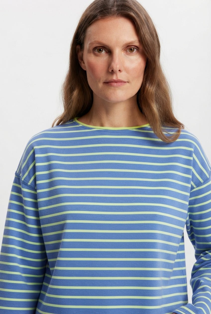 Saks Çizgili Premium Oversize/Geniş Kesim Bisiklet Yaka İnterlok Örme T-Shirt - LUMINOIRE