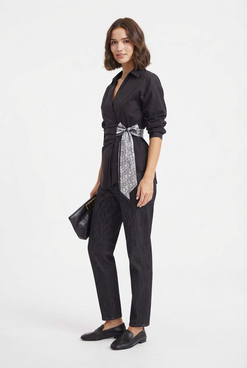 Siyah Bağlama Detaylı Kruvaze Bluz - LUMINOIRE