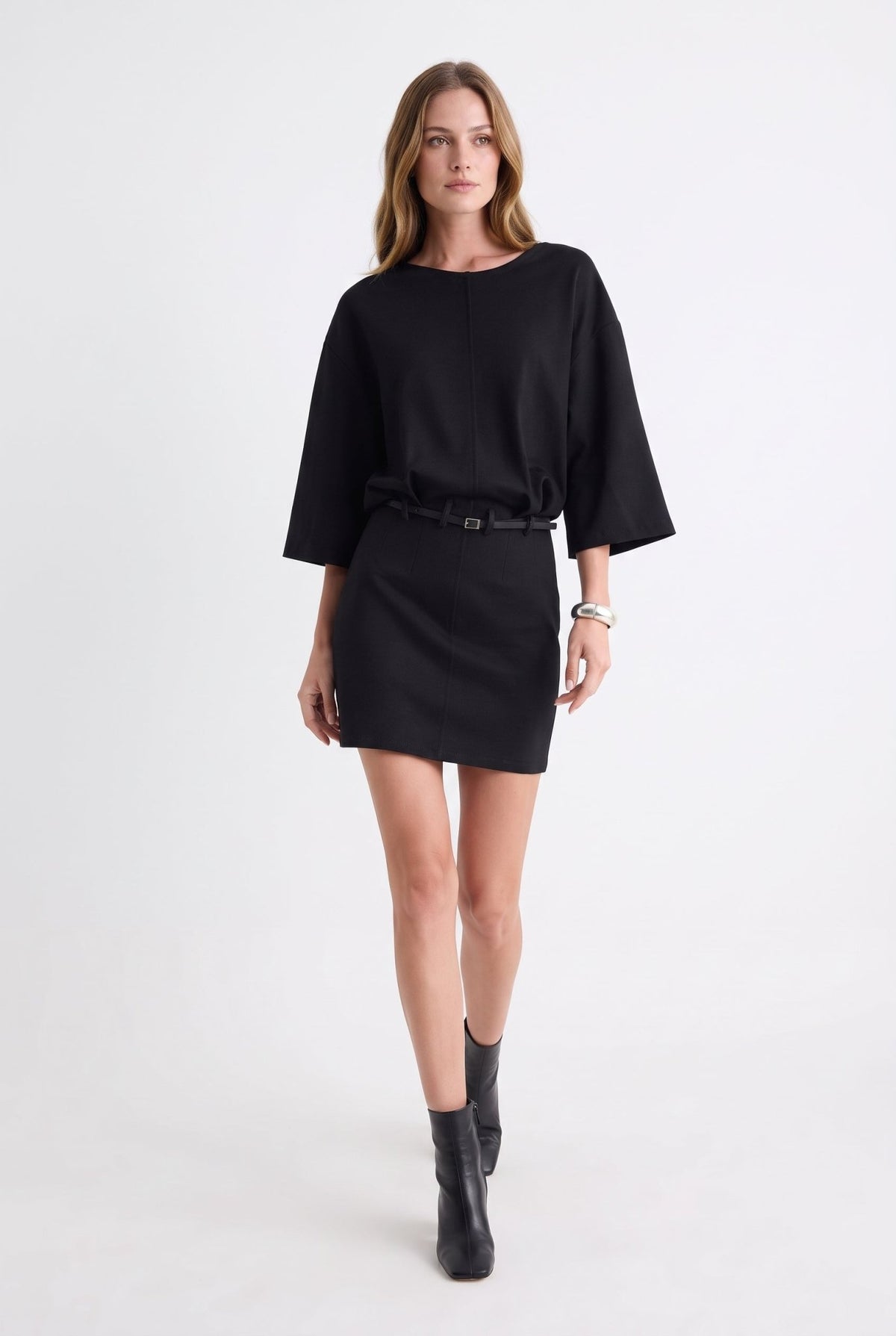 Siyah Bodycon/Vücuda Oturan Bisiklet Yaka Mini İnterlok Kemerli Örme Elbise - LUMINOIRE