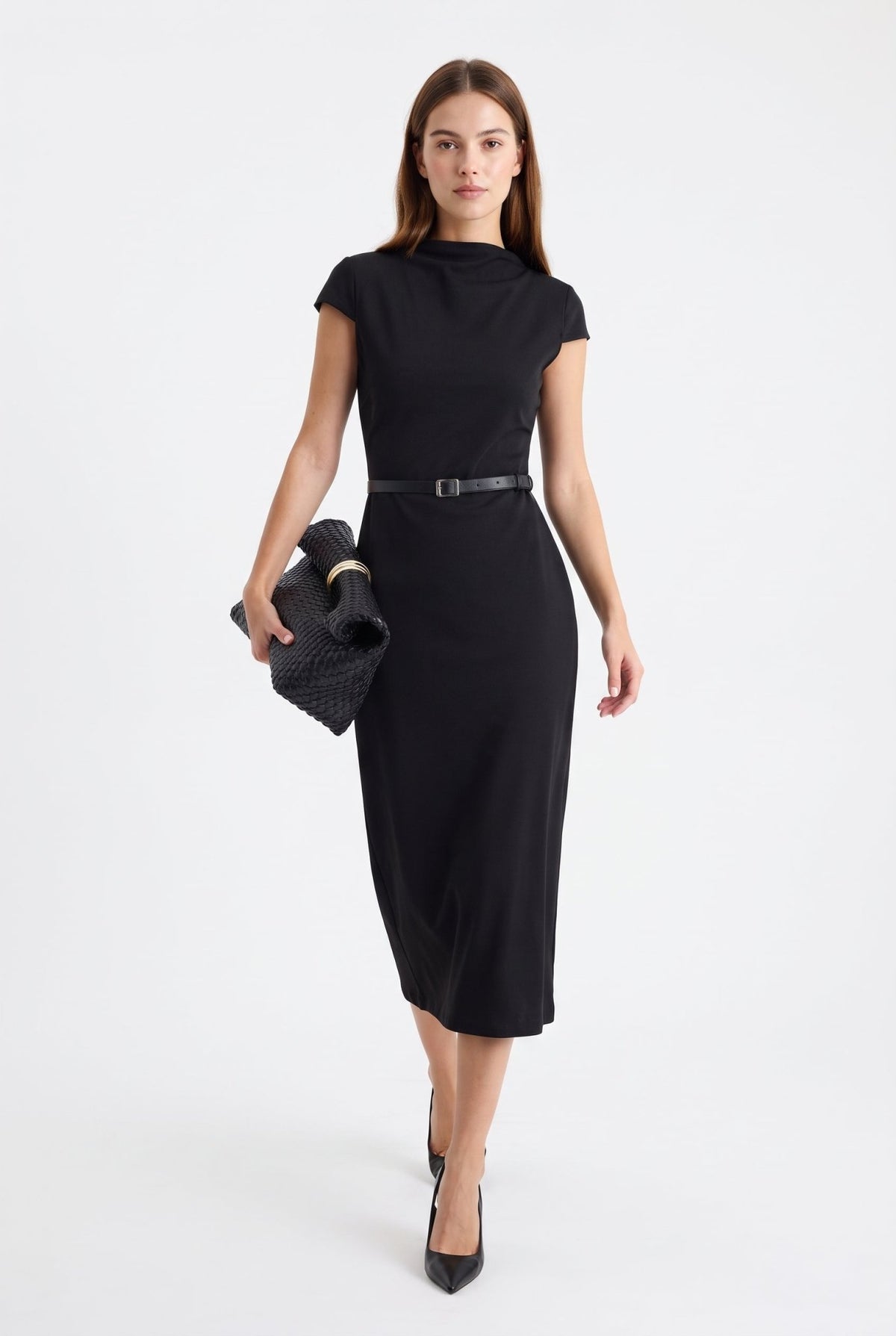 Siyah Bodycon/Vücuda Oturan Dik Yaka Ay Kol Midi Krep Örme Elbise - LUMINOIRE