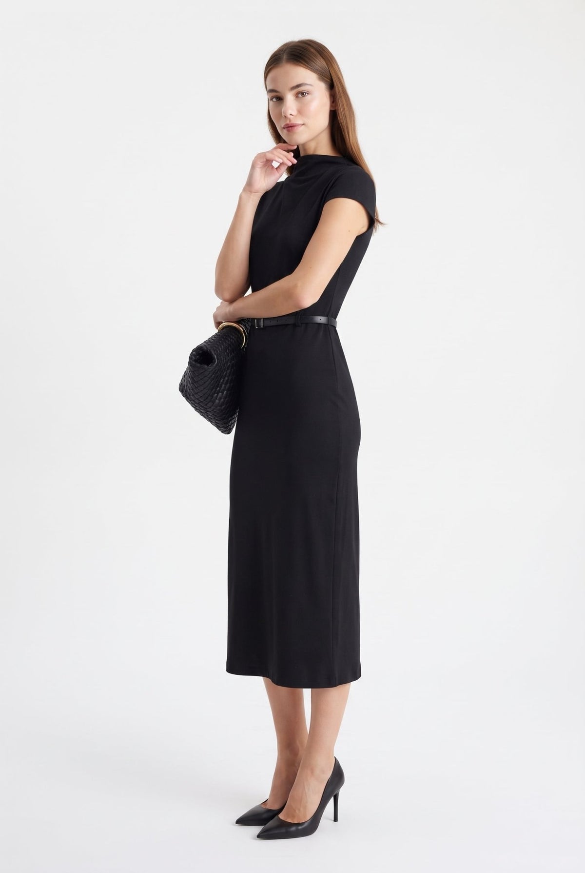 Siyah Bodycon/Vücuda Oturan Dik Yaka Ay Kol Midi Krep Örme Elbise - LUMINOIRE