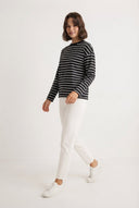 Siyah Çizgili Oversize/Geniş Kesim Bisiklet Yaka İnce Örme Sweatshirt - LUMINOIRE