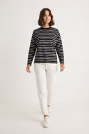 Siyah Çizgili Oversize/Geniş Kesim Bisiklet Yaka İnce Örme Sweatshirt - LUMINOIRE