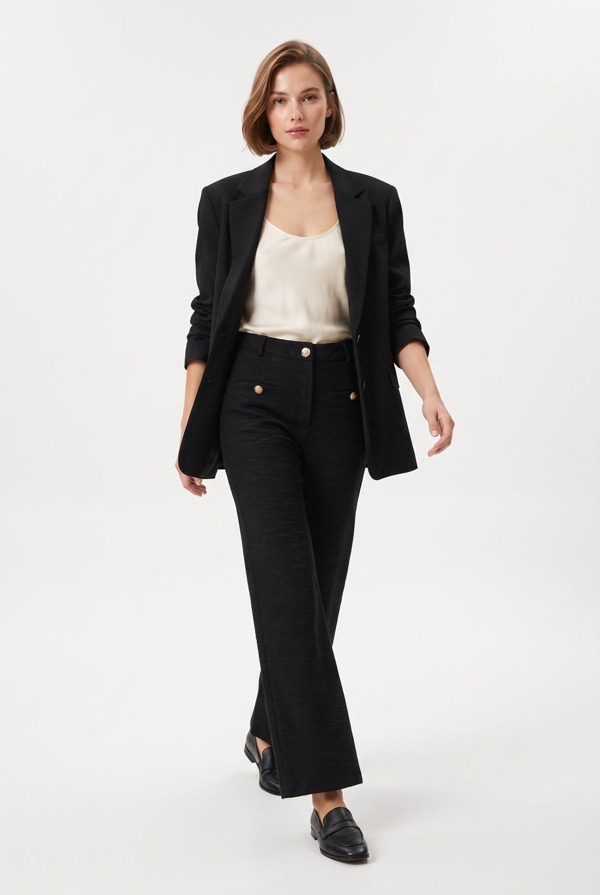 Siyah Düğme Cep Detaylı Wide Leg/Geniş Paça Tüvit Kumaş Örme Pantolon - LUMINOIRE