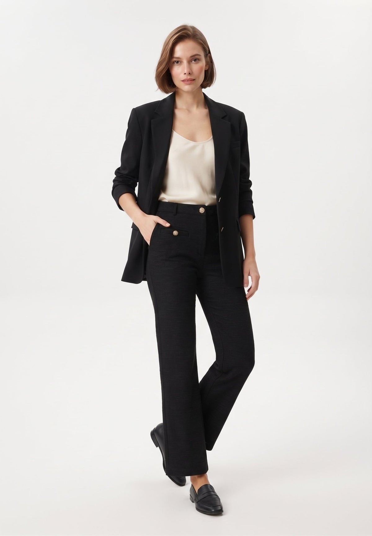 Siyah Düğme Cep Detaylı Wide Leg/Geniş Paça Tüvit Kumaş Örme Pantolon - LUMINOIRE