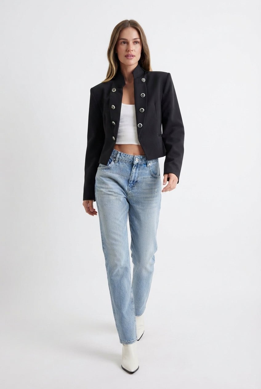 Siyah Düğmeli Fitted/Vücuda Oturan Blazer Ceket - LUMINOIRE