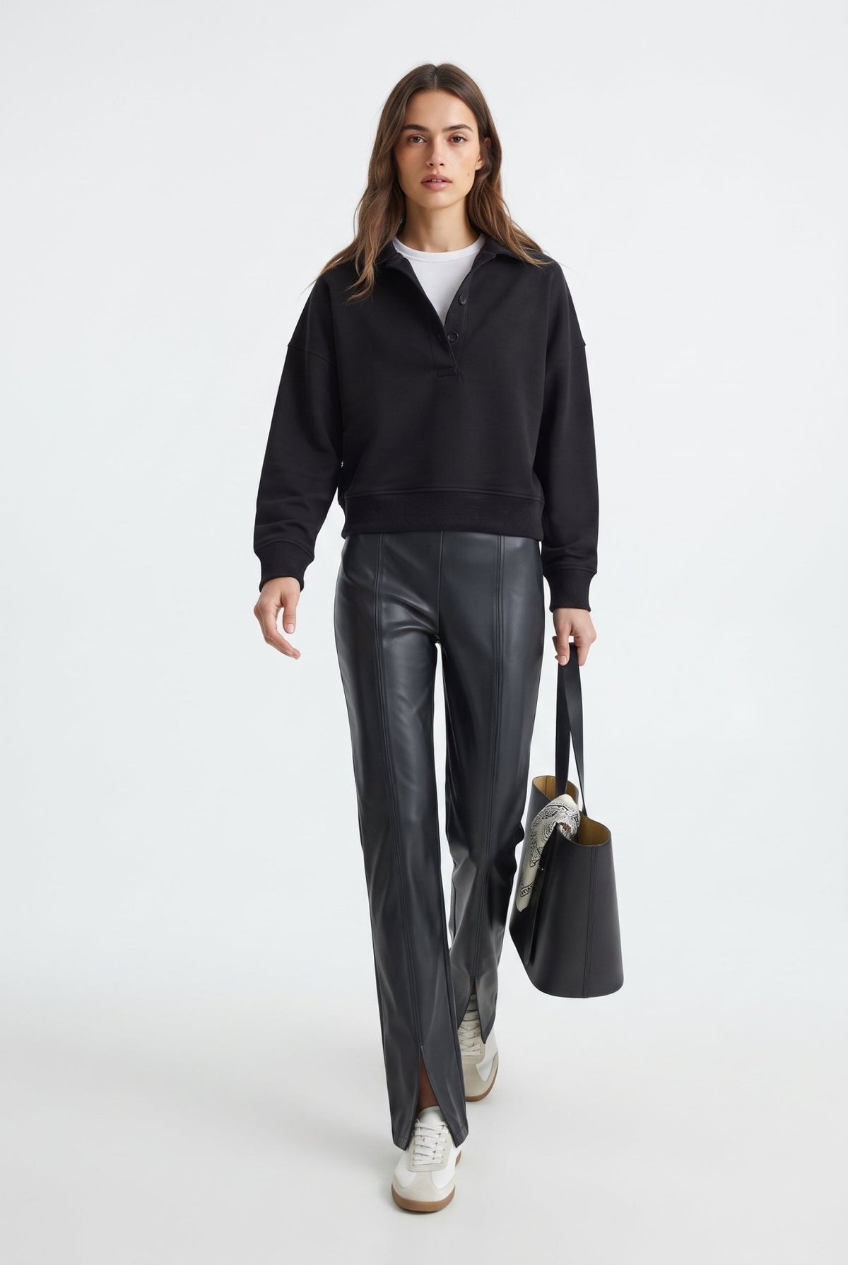 Siyah Kalın Şardonsuz Düğmeli Polo Yaka Oversize Örme Sweatshirt - LUMINOIRE