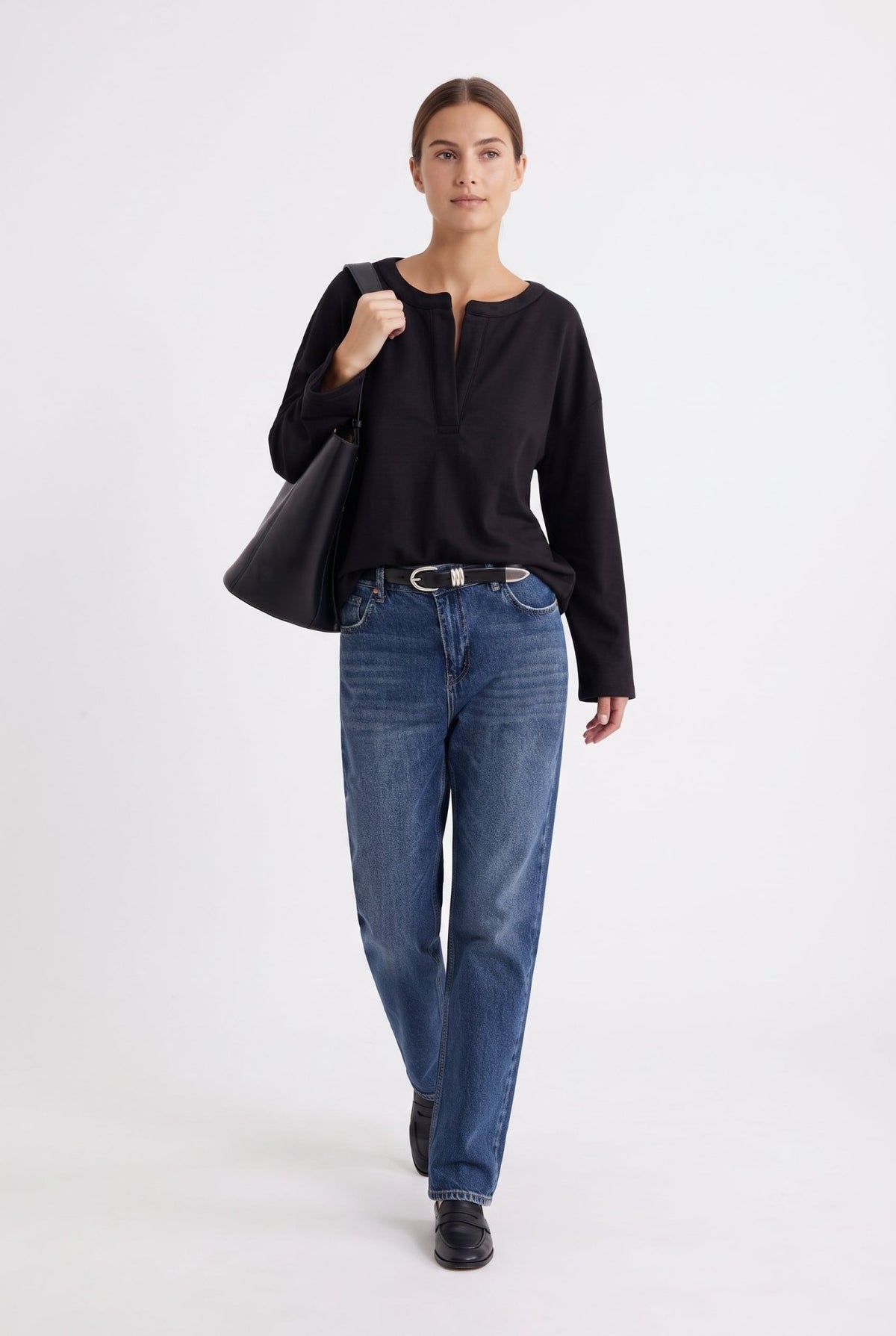 Siyah Kalın Yaka Detaylı Oversize/Geniş Kesim Düşük Kol Örme Sweatshirt - LUMINOIRE