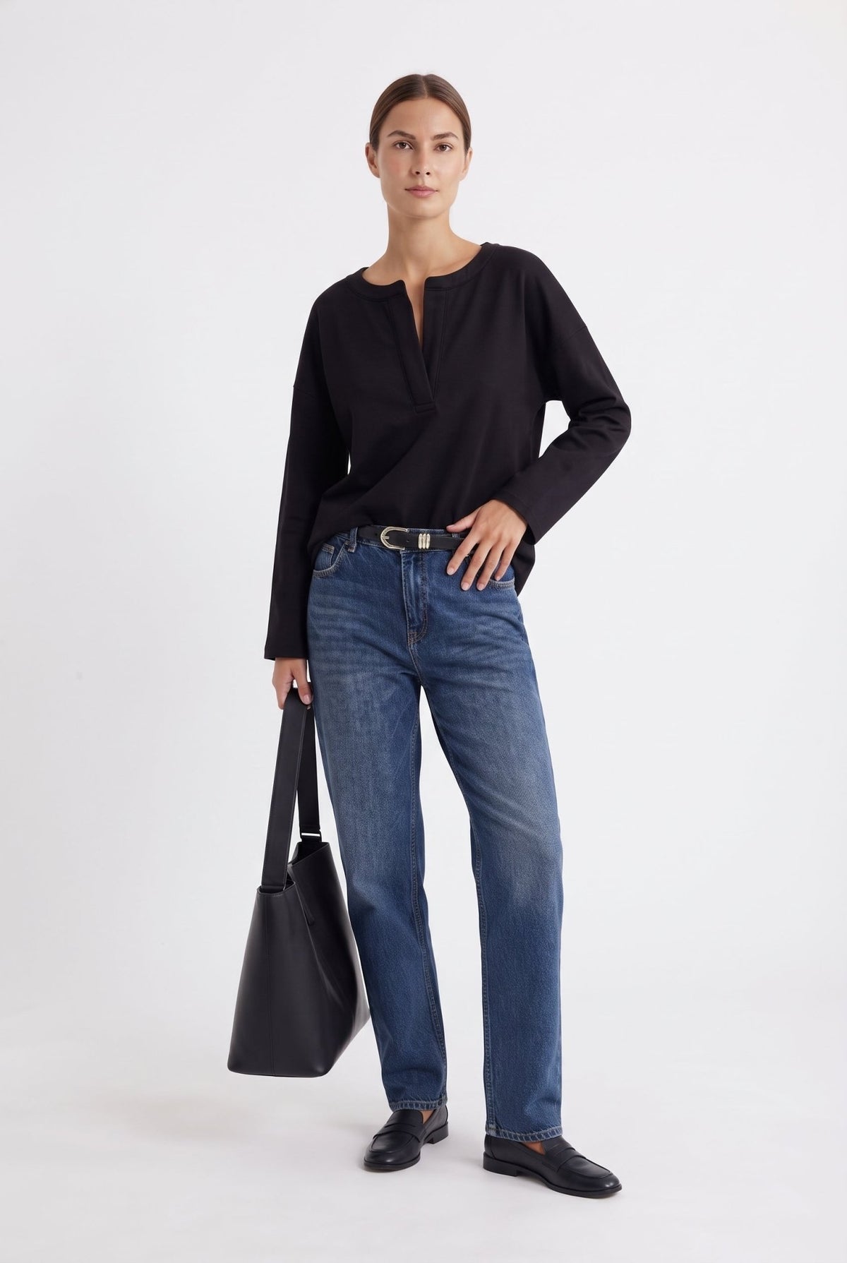 Siyah Kalın Yaka Detaylı Oversize/Geniş Kesim Düşük Kol Örme Sweatshirt - LUMINOIRE
