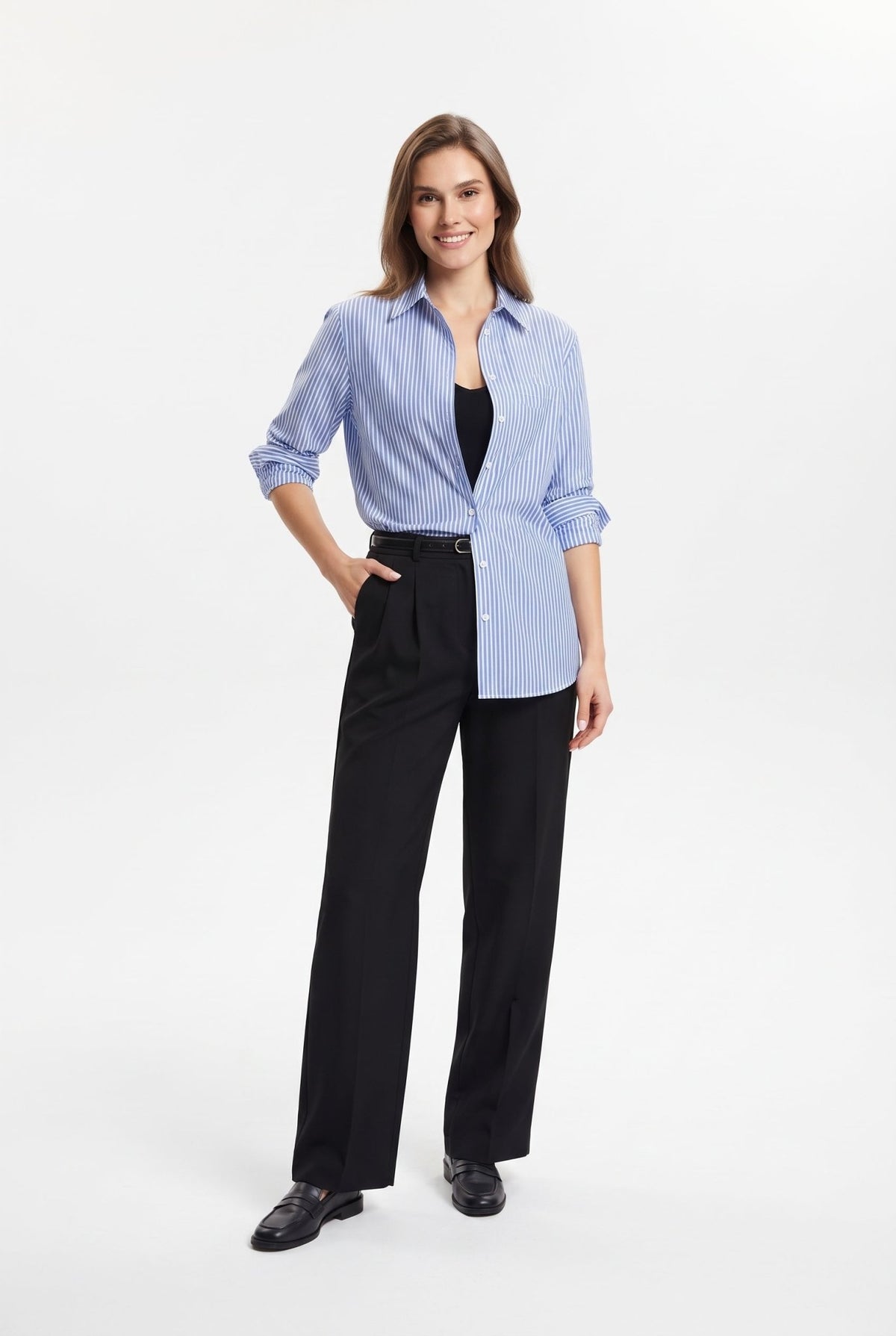 Siyah Kemerli Pilili Wide Leg/Extra Geniş Paça Dokuma Palazzo Pantolon - LUMINOIRE