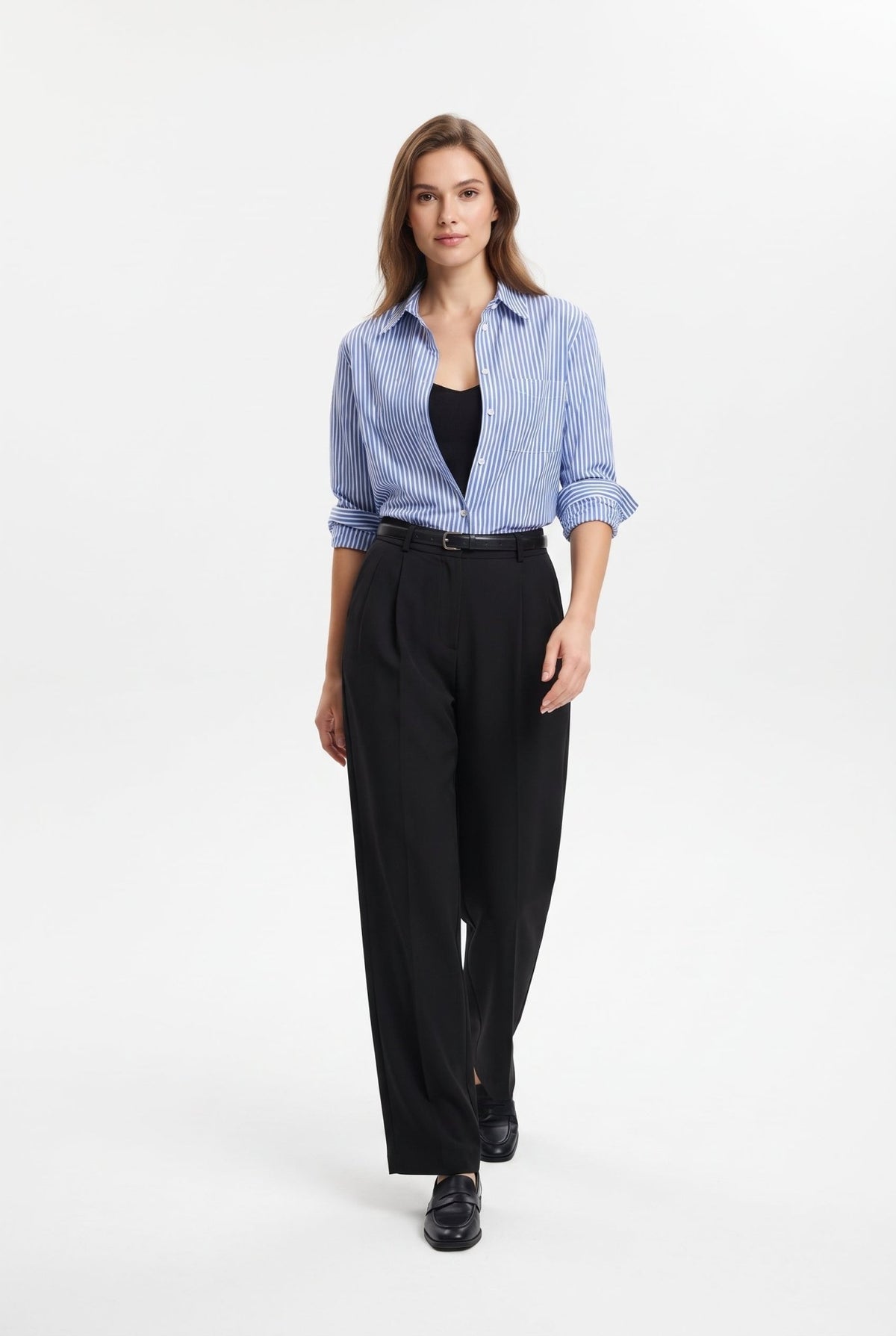 Siyah Kemerli Pilili Wide Leg/Extra Geniş Paça Dokuma Palazzo Pantolon - LUMINOIRE