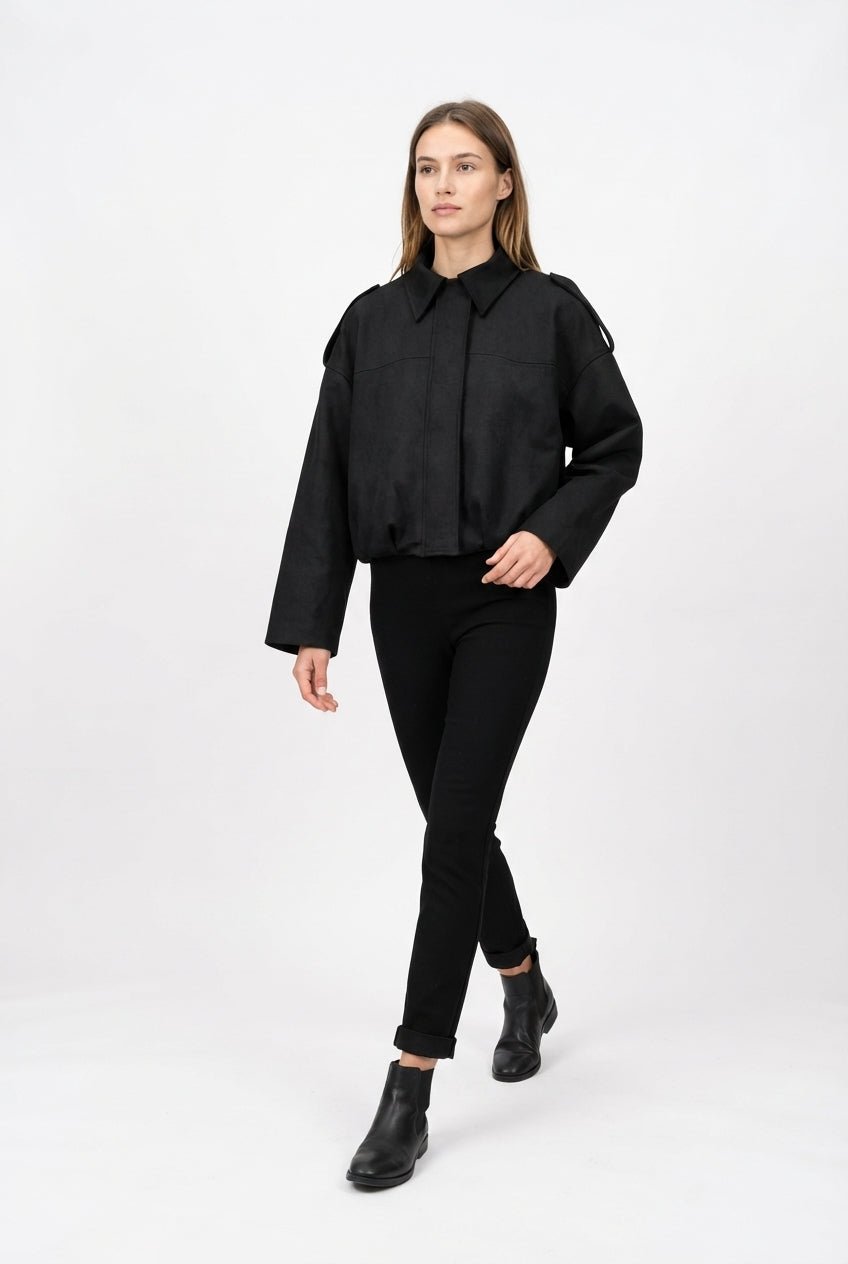 Siyah Oversize Kalıp Süet Bomber İnce Ceket Mont - LUMINOIRE