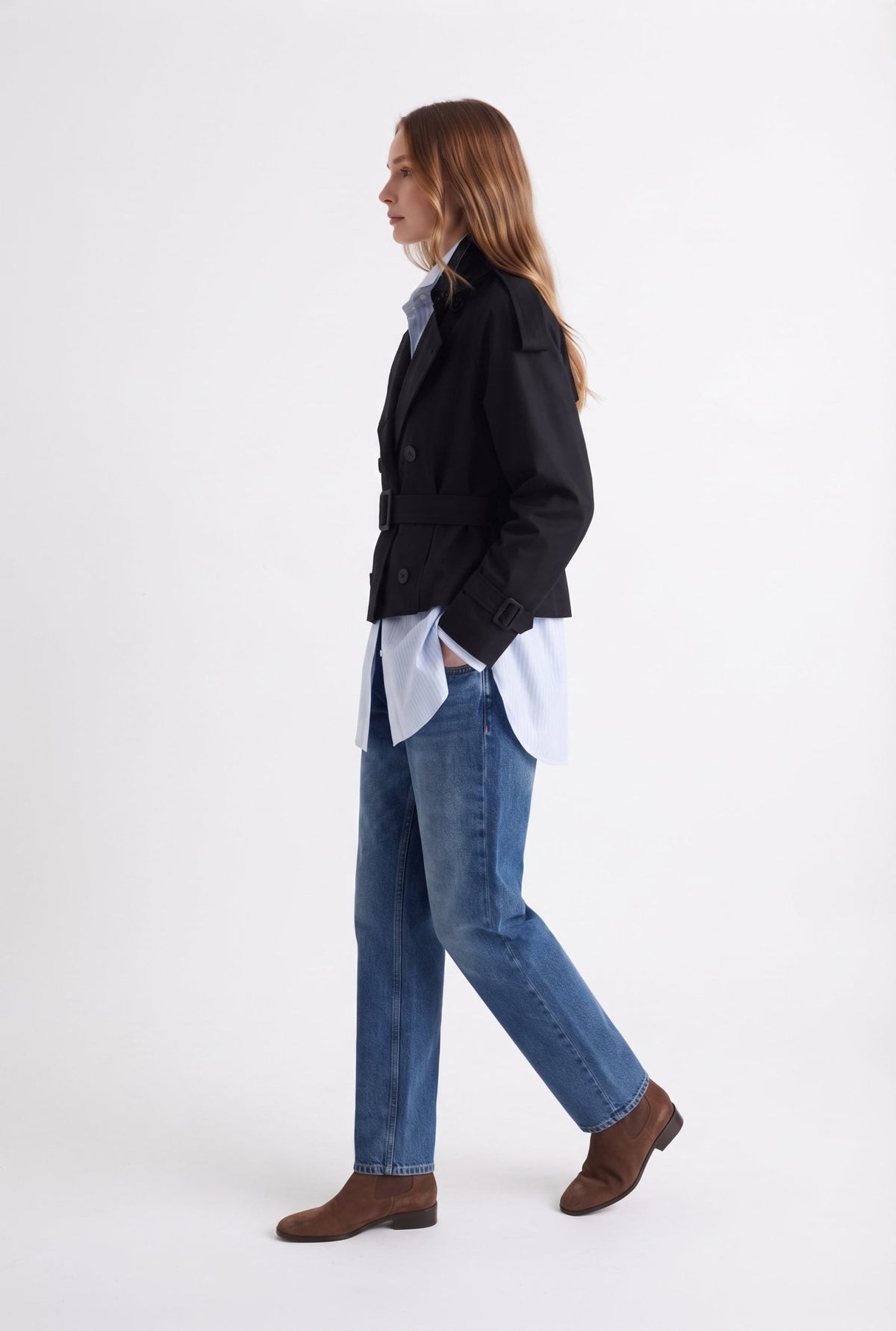 Siyah Regular Fit Dik Yaka Kemerli Kruvaze Gabardin Kısa Trençkot - LUMINOIRE