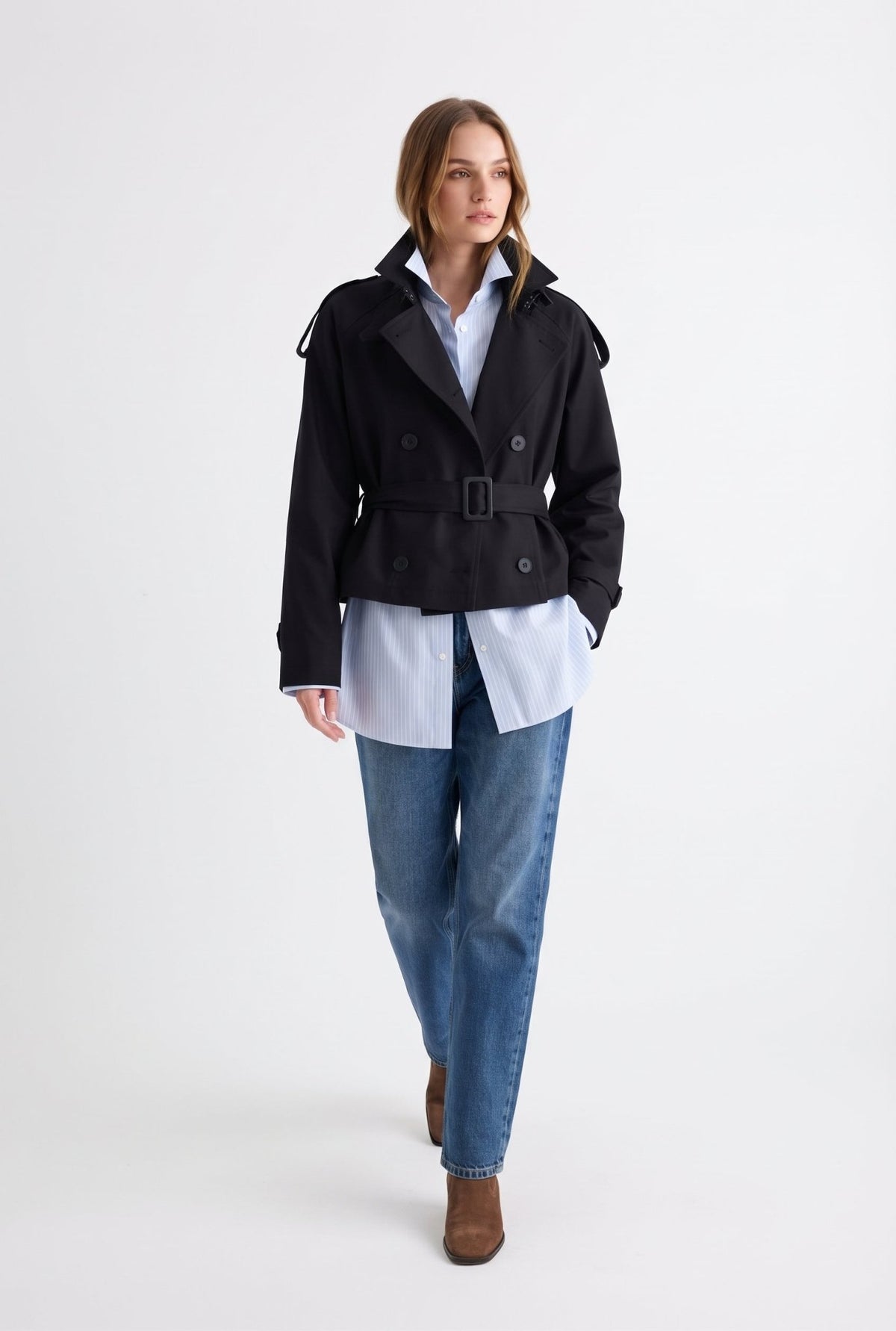Siyah Regular Fit Dik Yaka Kemerli Kruvaze Gabardin Kısa Trençkot