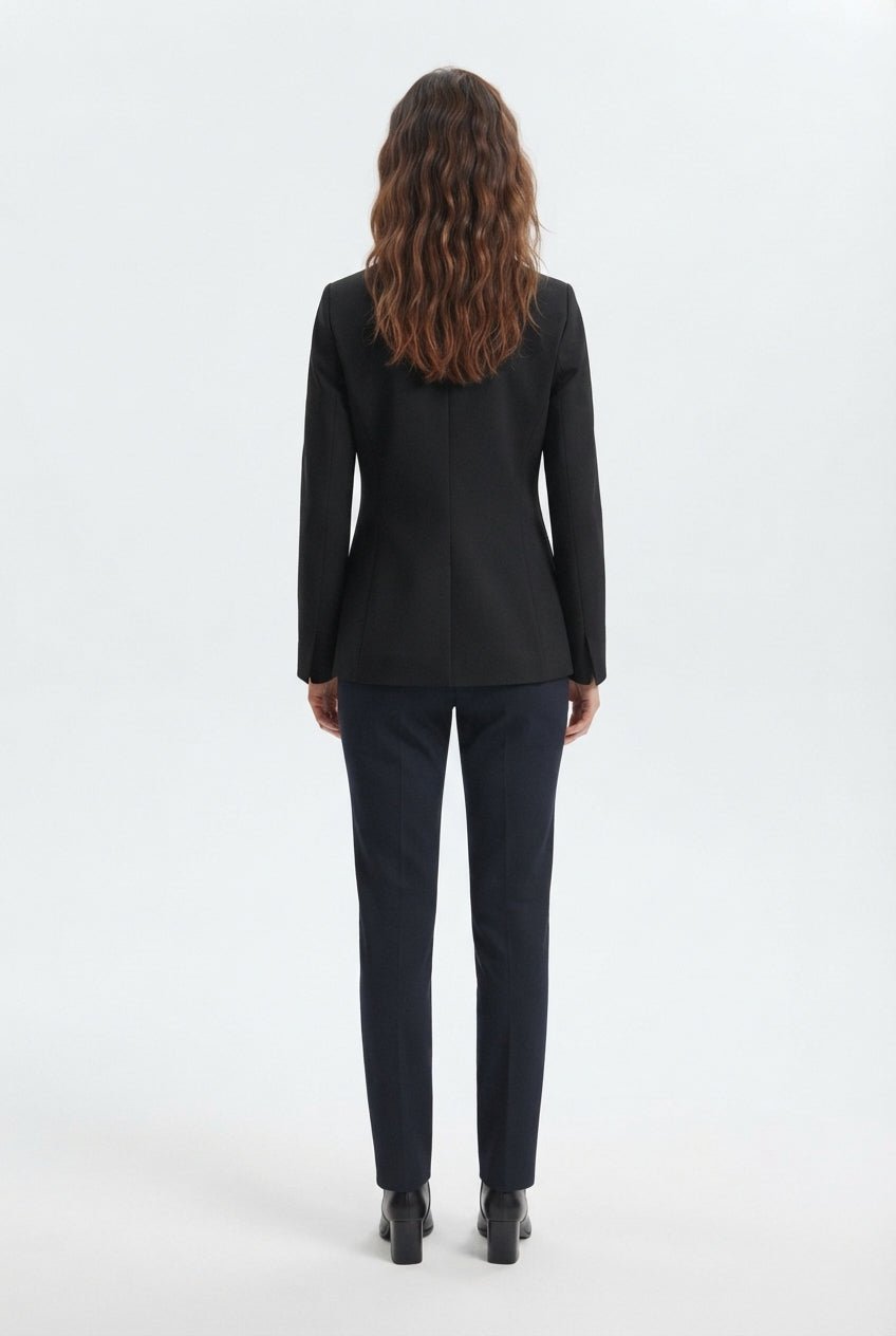 Siyah Yuvarlak / Bisiklet Yakalı Fitted Bele Oturan Dokuma Blazer Ceket - LUMINOIRE