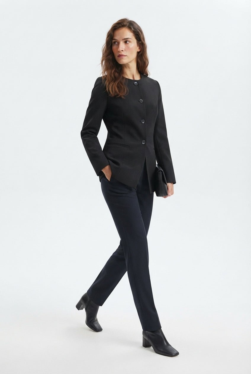 Siyah Yuvarlak / Bisiklet Yakalı Fitted Bele Oturan Dokuma Blazer Ceket - LUMINOIRE