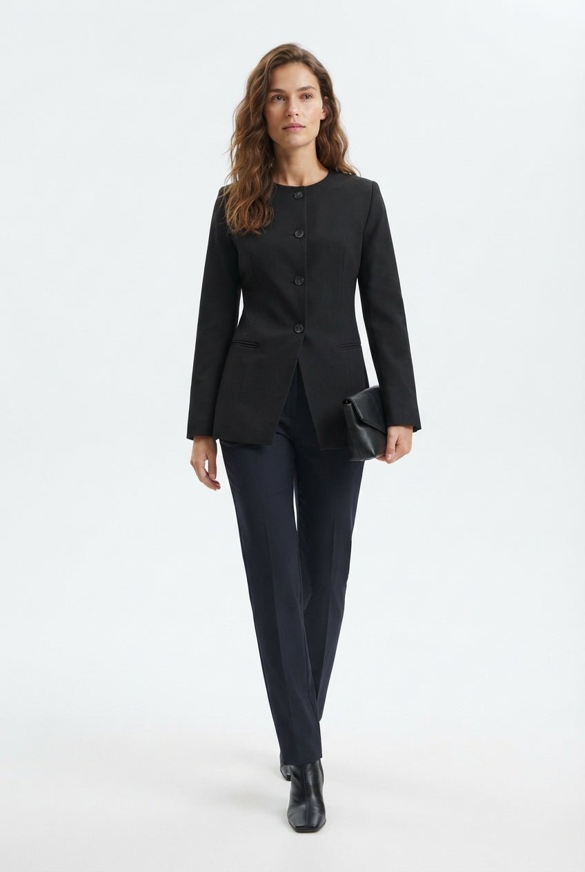 Siyah Yuvarlak / Bisiklet Yakalı Fitted Bele Oturan Dokuma Blazer Ceket - LUMINOIRE