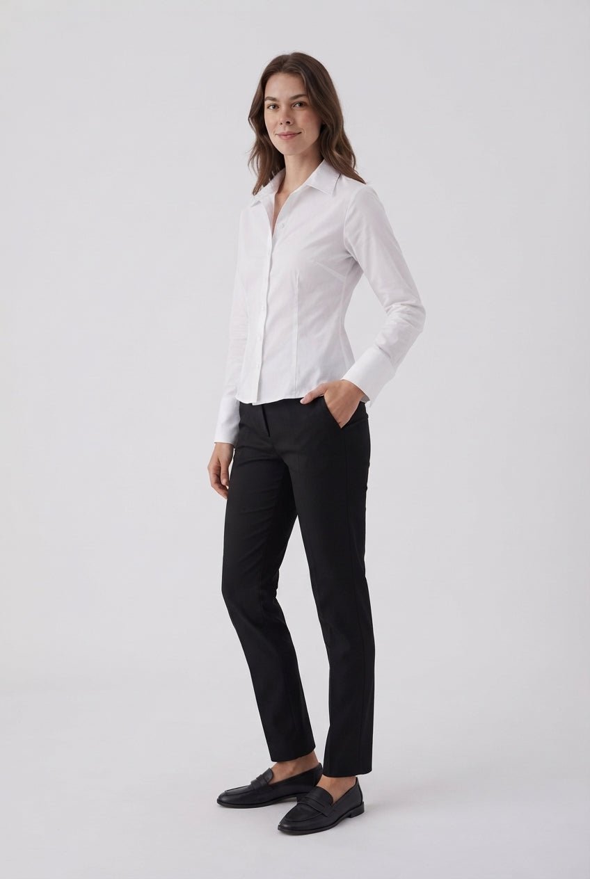 Wardrobe Essentials Beyaz Hafif Bele Oturan Pamuklu Dokuma Gömlek - LUMINOIRE