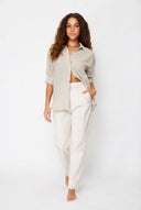Yeşil Çizgili Oversize Keten Görünümlü Dokuma Gömlek - LUMINOIRE
